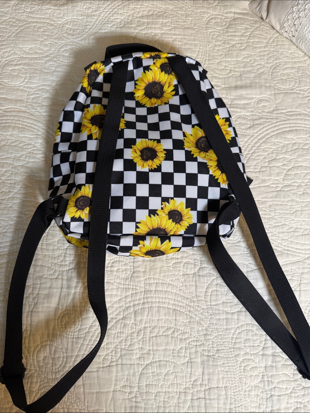 Vans Black/White Checkered Mini Backpack with Yellow Sunflowers Backpack - Picture 6 of 6